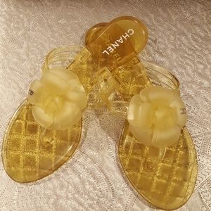 CHANEL jelly camellia flower yellow sandals